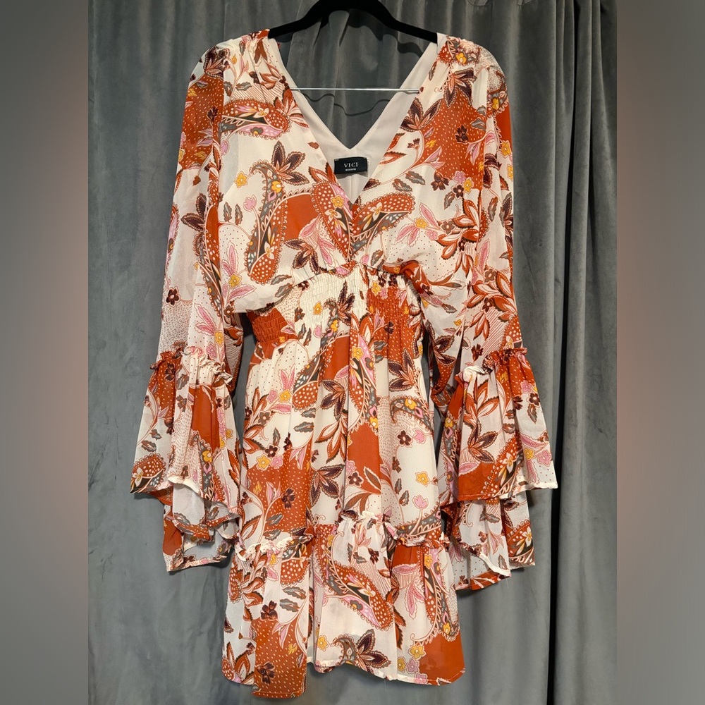 Vici Floral Mini Dress in Rust & Cream